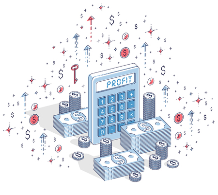 Calculator with cash money stacks and coins piles isolated on white background, profit concept. Isometric 3d vector finance illustration with icons, stats charts and design elements.のイラスト素材