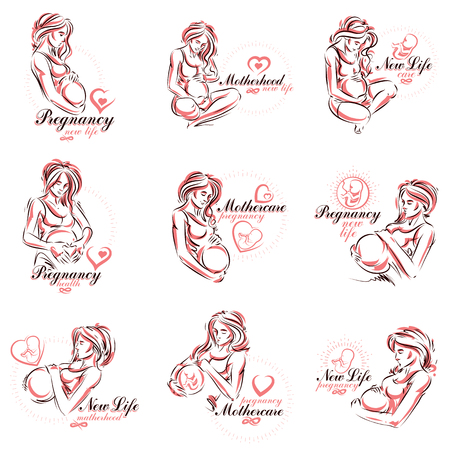 Set of pregnant female body shapes hand drawn vector illustration, beautiful lady gently touching her belly. Neonatal care center advertising posterのイラスト素材