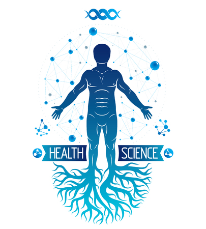 Vector graphic illustration of human, individuality created with mesh wireframe connections. Biochemistry scientific research.のイラスト素材