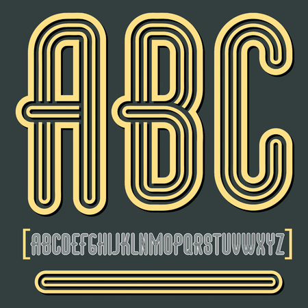 Vector retro vintage capital English alphabet letters, abc collection. Funky tall font, typescript can be used in art creation. Created using geometric triple stripes.のイラスト素材