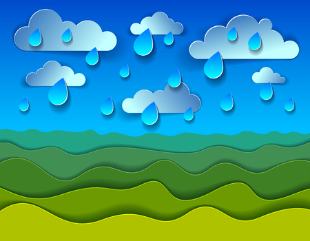 Scenic nature landscape of green grass meadow under rain drops cloudy rainy sky cartoon paper cut modern style vector illustration.のイラスト素材