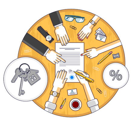 Man signs bank mortgage hypothec for real property house buying and employee explains terms of loan credit, top view of desk with people hands and paper documents. Vector illustration.のイラスト素材
