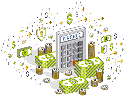Calculator with cash money stacks and coins piles isolated on white background, financial concept. Isometric 3d vector finance illustration with icons, stats charts and design elements.のイラスト素材