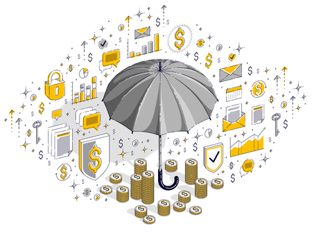 Insurance concept, umbrella with cash money dollar stack and coins isolated on white background. Vector 3d isometric business illustration with icons, stats charts and design elements.のイラスト素材
