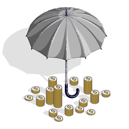 Insurance concept, umbrella with cash money dollar stack and coins isolated on white background. Vector 3d isometric business and finance illustration, thin line design.のイラスト素材