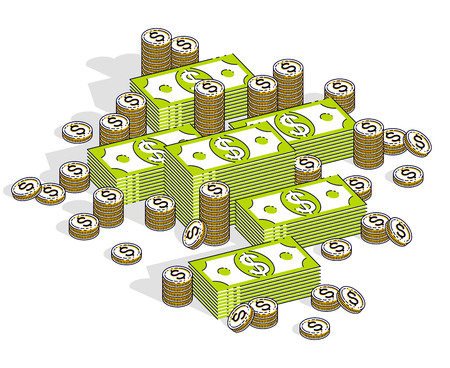 Cash money dollar stacks and coins cents piles isolated on white background. Vector 3d isometric business and finance illustration, thin line design.のイラスト素材