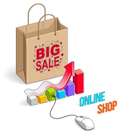 Online Shop concept, web store, internet sales, Shopping bag with pc mouse and growth chart isolated on white. Vector 3d isometric business and finance illustration, thin line design.のイラスト素材