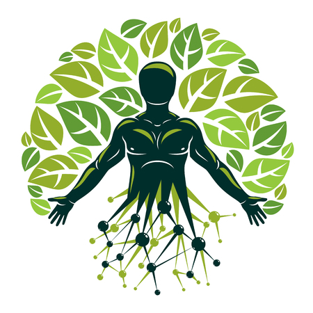 Vector individual, mystic character made using molecular connections and eco tree leaves. Recycling and reuse concept, renewable resources idea.のイラスト素材