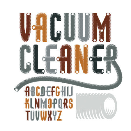 Set of condensed, tall, cool vector upper case English alphabet letters isolated. Retro font, typescript for use in logo design. Created using dimensional vacuum pipe style.のイラスト素材