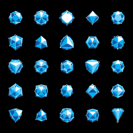 Vector luxury faceted decorative elements. Set of low poly objects with connected lines and dots, 3d geometric wireframe shapes for use corporate development logos.のイラスト素材