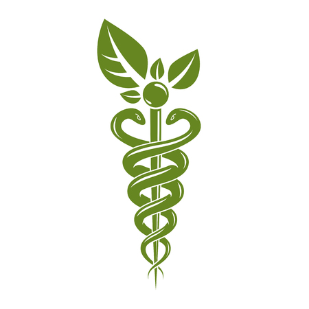 Aesculapius vector abstract illustration created using snakes and green leaves, Caduceus symbol. Healthy lifestyle is strong heart.のイラスト素材