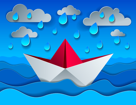 Origami paper ship toy swimming in rain over ocean, curvy waves of the sea and clouds in the sky, beautiful vector illustration in paper cut style.のイラスト素材