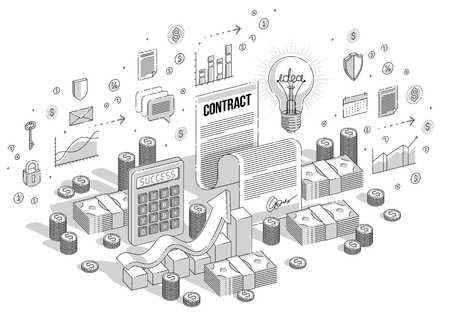 Financial contract concept, paper legal document and cash money stacks isolated on white background. Vector 3d isometric business illustration with icons, stats charts and design elements.のイラスト素材