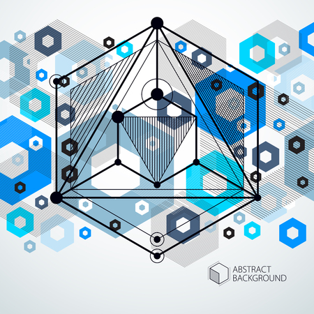 Modern isometric vector abstract blue background with geometric element. Layout of cubes, hexagons, squares, rectangles and different abstract elements.のイラスト素材