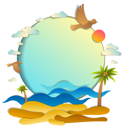 Beach with palms, sea waves perfect seascape, birds clouds and sun in the sky, frame background with copy space, summer beach holidays theme paper cut style vector illustration.のイラスト素材
