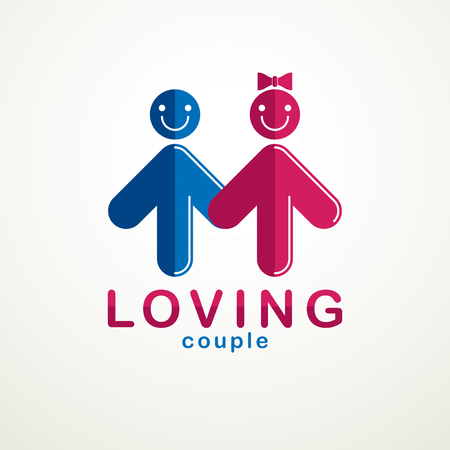 Happy couple simple vector logo or icon created with people geometric signs in a shape of arrows. Tender and loving relationship of man and woman, boyfriend and girlfriend.のイラスト素材