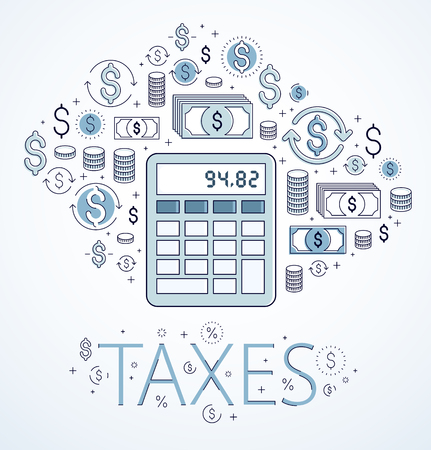 Calculator taxes and accounting concept surrounded by financial icon set, bookkeeping, taxation, vector design.のイラスト素材