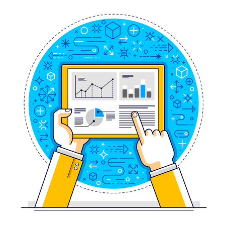Internet communication and activity, man hands holding tablet and using apps, global network, modern communication, messenger or social media concept, vector design.のイラスト素材