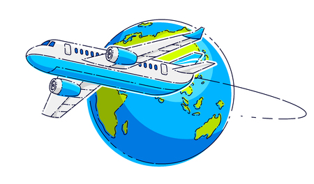 Plane airliner with earth planet, airlines air travel emblem or illustration. Beautiful thin line vector isolated over white background.のイラスト素材