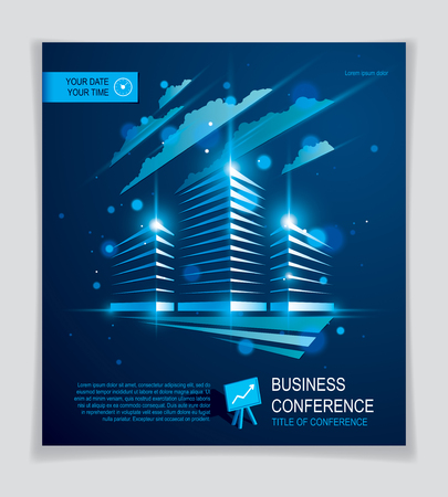 Office building brochure, modern architecture vector flyer with blurred lights and glares effect. Real estate business center blue design. 3D futuristic facade business conference print template.のイラスト素材