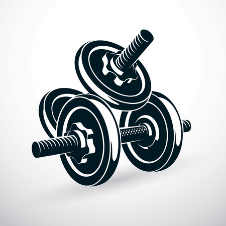 Dumbbell vector illustration isolated on white with disc weight. Sport equipment for power lifting and fitness training.のイラスト素材