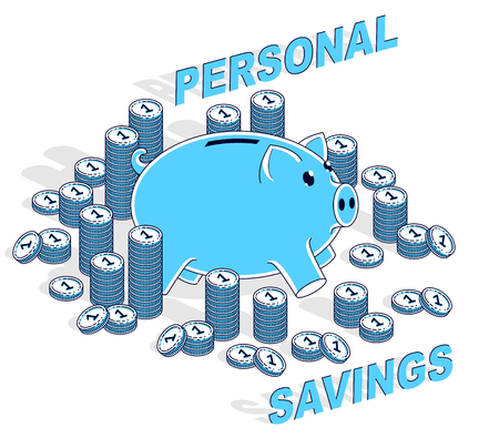 Personal Savings concept, Piggy Bank with cent coins stacks isolated on white background. Isometric vector business and finance illustration, 3d thin line design.のイラスト素材
