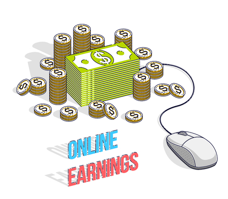 Online finance concept, web payments, internet earnings, online banking, cash money stacks with computer mouse connected to piles. Isometric 3d vector business and finance illustration.のイラスト素材