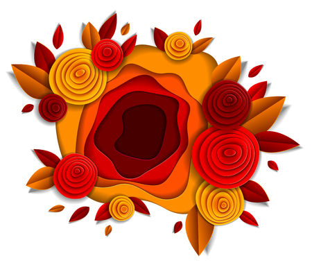 Design with autumn flowers and leaves paper cut style, vector floral illustration. Wedding invitation or fall seasonal romantic greeting card.のイラスト素材
