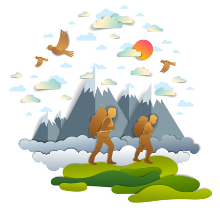 Active father and teenage son hiking through grasslands to mountains, birds in the summer sky. Fatherhood, hiker men having time of freedom in nature summer holidays, vector illustration.のイラスト素材