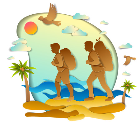 Active couple hiking to wild beach with sea ocean waves and palms, boyfriend and girlfriend, honeymoon. Vector illustration of beautiful scenic seascape, birds in the sky, summer holidays.のイラスト素材