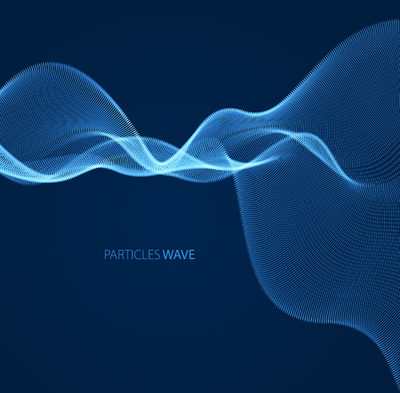 Flowing energy particles, wave of blended dots over dark. Curved dotted 3d lines vector illustration. 3d futuristic technology style with glowing shining effect.のイラスト素材