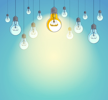Idea concept, think different, light bulbs group vector illustration with single one is shining, creative inspiration, be special, leadership. Composition with copy space for text.のイラスト素材