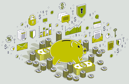 Piggy bank with cash money dollar stacks and coins piles isolated on white, personal savings concept. Isometric 3d vector finance illustration with icons, stats charts and design elements.のイラスト素材