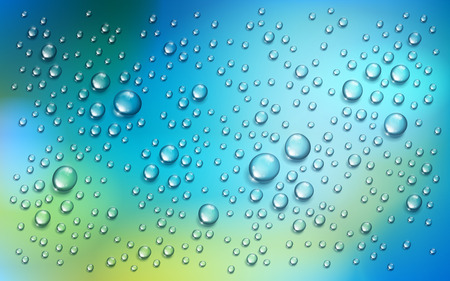 Water rain drops or condensation over blurred green and blue nature background beyond the window, realistic transparent 3d vector illustration, easy to put over any background.のイラスト素材