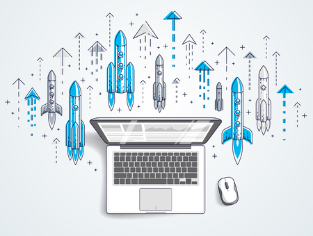 Startup rockets take off over laptop, space rockets flying start up internet business concept, online finance, marketplace or shop, vector illustration.のイラスト素材