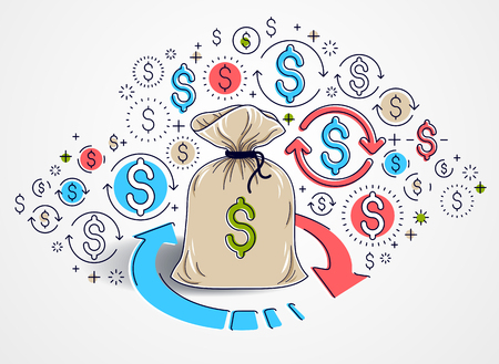 Money bag with loop arrow and icon set vector design, savings or investments concept, currency exchange, return on investment, insurance concept, marketplace or shop.のイラスト素材