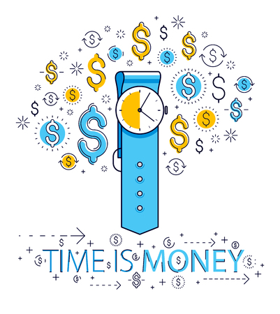 Time is money concept, hand watch and dollar icons set, wristwatch timer deadline allegory, vector design.のイラスト素材