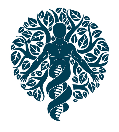 Vector individual, mystic character deriving from DNA strands and made with eco tree leaves. Human, science and ecology interaction, technology and nature balance.のイラスト素材
