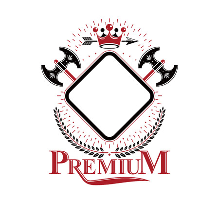 Graphic insignia made with imperial Crown, sharp axes and laurel wreath. Heraldic Coat of Arms, vintage vector logo.のイラスト素材