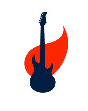 Electric guitar on fire, hot rock music guitar in flames, Hard Rock or Rock and Roll concert or festival label, night club live show, vector logo or emblem.のイラスト素材