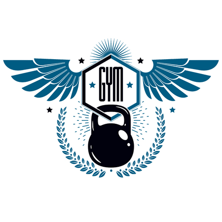 Bodybuilding and fitness sport logo templates, winged retro stylized vector emblem or badge. With kettlebell.のイラスト素材