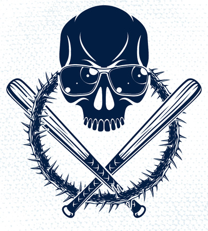 Gang brutal criminal emblem or logo with aggressive skull baseball bats design elements, vector anarchy crime terror retro style, ghetto revolutionary.のイラスト素材