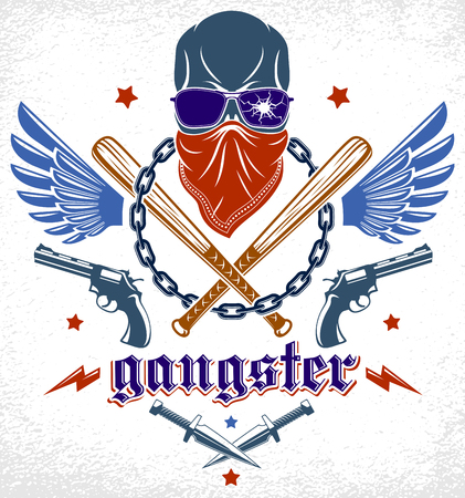 Brutal gangster emblem or logo with aggressive skull baseball bats and other weapons and design elements, vector anarchy crime or terrorism retro style, ghetto revolutionary.のイラスト素材