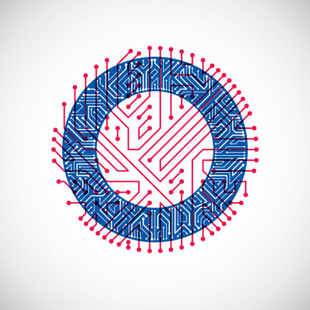 Vector circuit board circle, digital technologies abstraction. Blue and red computer microprocessor scheme, futuristic design.のイラスト素材