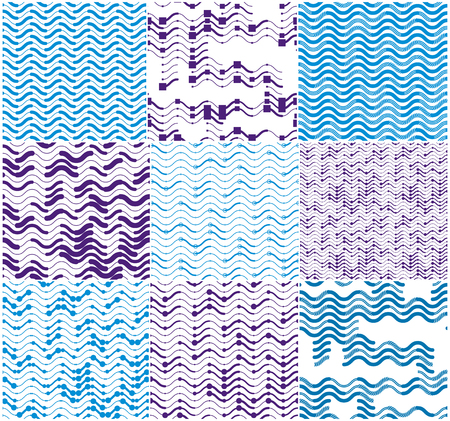 Wavy technical lines seamless patterns set, vector abstract repeat endless backgrounds collection, blue colored rhythmic waves.のイラスト素材