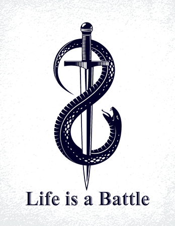 Dagger kills a Snake, defeated Serpent wraps around a sword vector vintage tattooのイラスト素材