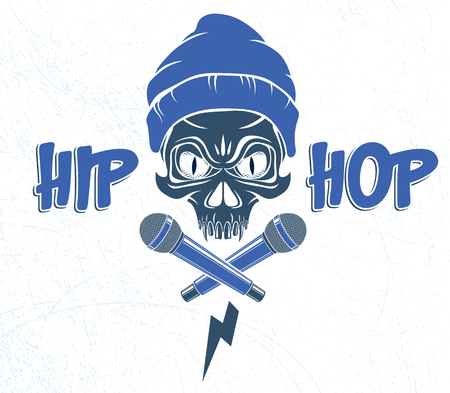 Hip Hop music label with wicked skull and two microphones crossed like crossbonesのイラスト素材