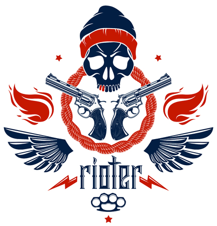 Anarchy and Chaos aggressive emblem with wicked skull, weapons and different design elementsのイラスト素材