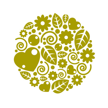 Nice childish circle composition of flowers, hearts and leaves, vector design.のイラスト素材