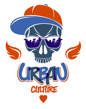 Urban culture style skull in sunglasses vector logo or emblem, gangster or thug illustration, anarchy chaos hooligan, ghetto theme.のイラスト素材